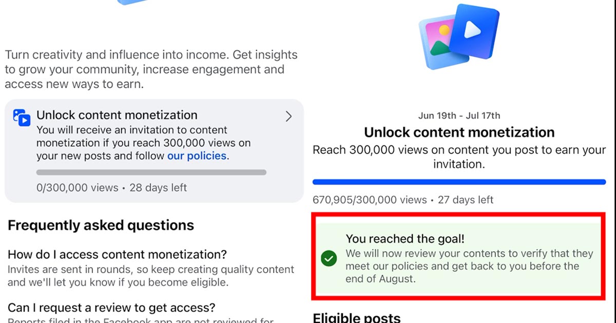 Facebook monetization challenge before and after reaching 300,000 views