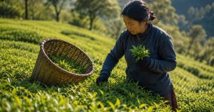 A tea farmer hand-picks fresh tea leaves in a tea garden in Ilam