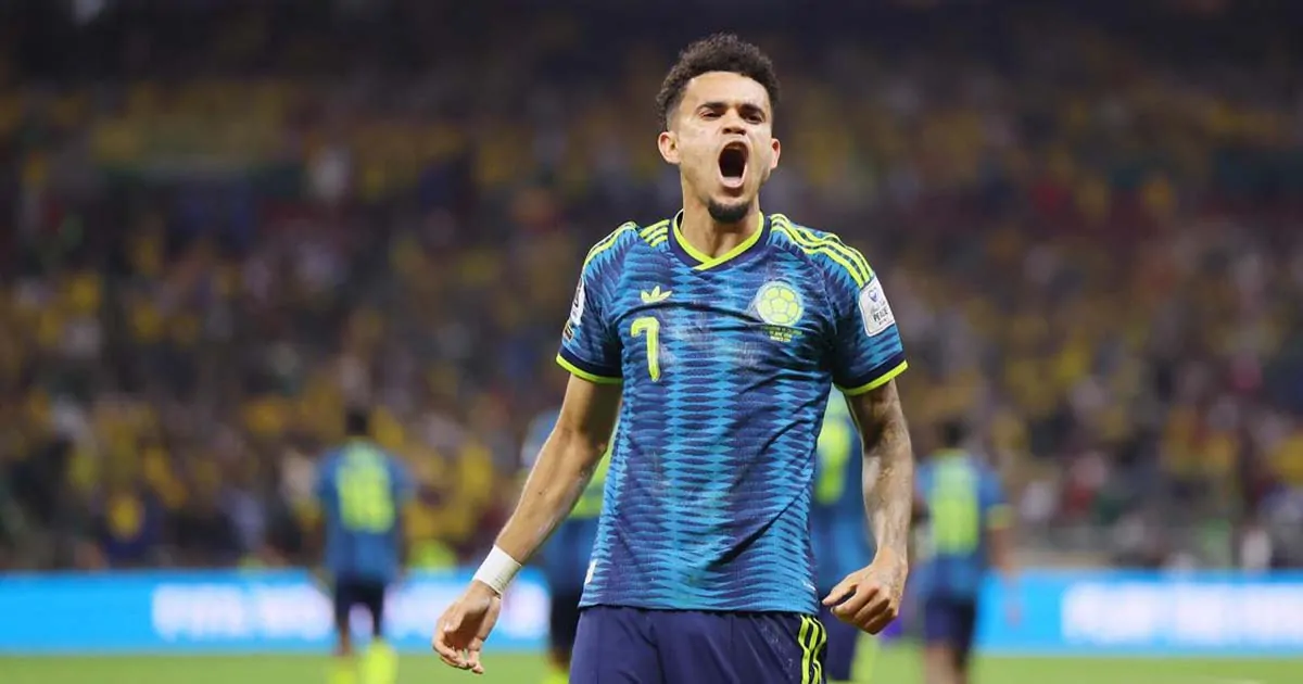 Luis Diaz celebrates during Colombia’s World Cup match against Uzbekistan