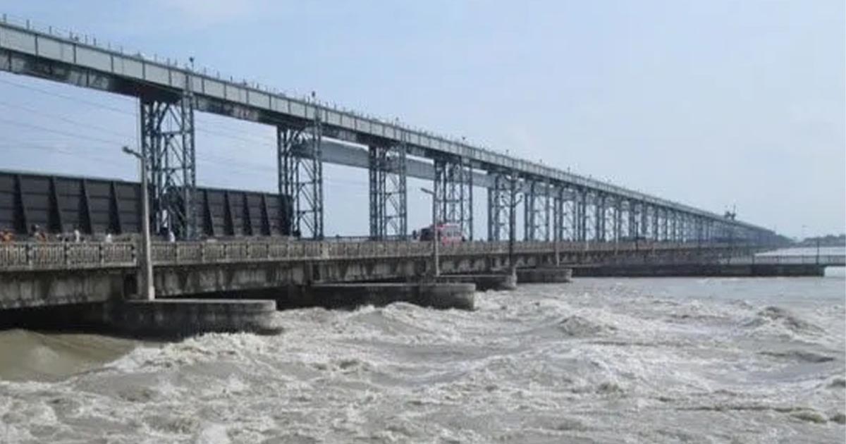 Saptakoshi River surging beneath Koshi Barrage gates